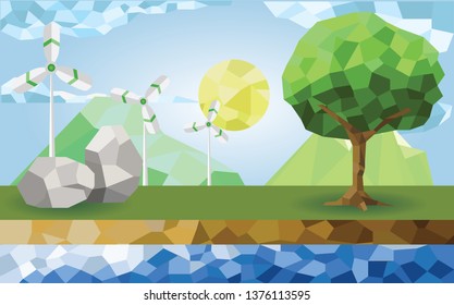 Polygon Vector Ecology of wind farm use alternative energy from many sources such as Energy from the sea Solar energy, wind energy.