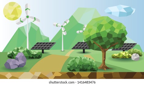 Polygon Vector Ecology of wind farms using alternative energy Solar panel Solar energy in natural areas with plains and mountains