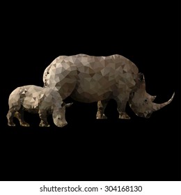 polygon vector illustration of wild female rhino and baby rhino isolated on the black background