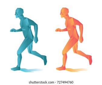 Polygon vector running man - blue and red version - energy, active lifestyle, sport concept