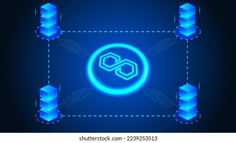 Polygon virtual currency on blockchain. Business and finance 3d illustration. Connecting blocks around the neon MATIC logo. Polygon illustration for banner, website, landing page, ads, flyer template.