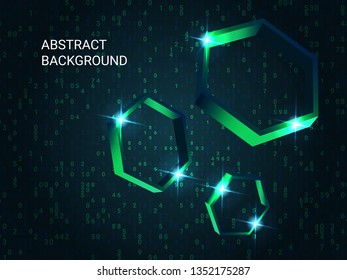 Polygon volume sparkle on background. Modern geometric background. Abstract composition. 3D vector illustration . Green three-dimensional polygon in space.