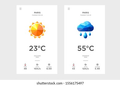 polygon weather forecast design for mobile phone screens, modern designs, simple and cool layouts, for website banners, applications, business cards and greeting cards