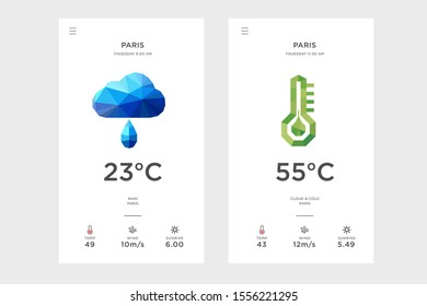 polygon weather forecast design for mobile phone screens, modern designs, simple and cool layouts, for website banners, applications, business cards and greeting cards