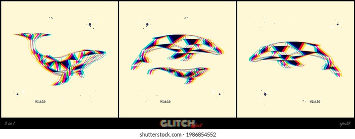 Polygon whale. Glitch geometric animal set. Low poly logo icon