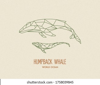 Polygon whales silhouettes. Low poly animal family. Abstract geometric logo icon. Triangle graphic, origami style. Vector illustration for tattoos, posters, t-shirt prints, web design, postcards