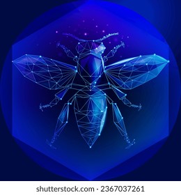 Polygona Honigbiene - eine Anspielung auf Da Vincis Vitruvian Man im technologischen Low-Poly-Stil. Innovative Technologien, Internet-Konzept. Digitales innovatives Geschäft. Wireframe, zeitgenössische Vektorgrafik