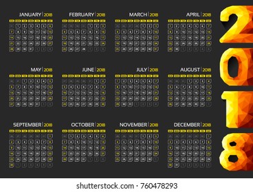 Polygonal 2018 calendar template design -Week starts from Sunday.Vector Illustration