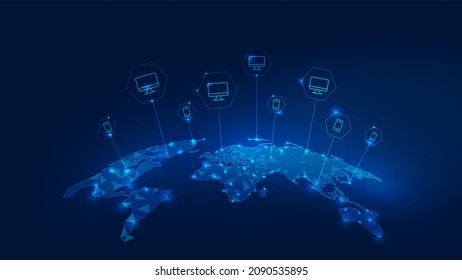 Polygonal 3d Abstract map - World with cities on a blue background. For online tracking services, communication, railway traffic, navigation, GPS, online cargo delivery, telecommunications, radio.