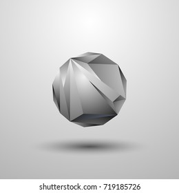 Polygonal 3D abstract sphere. Gray molecule symbol on a gray background.