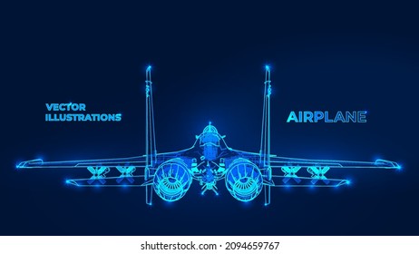 Polygonal 3d airplane in dark blue background. Online logistic, transportation service. Abstract vector rendering illustration.