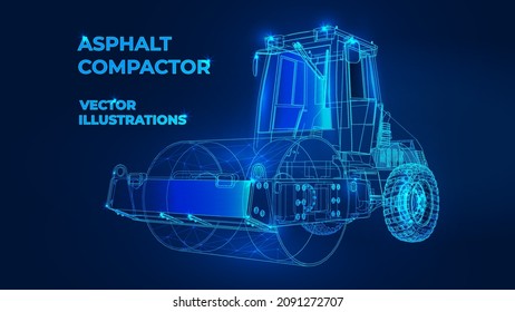 Polygonal 3d Asphalt compactor in dark blue background. Road repair service. Public transport. Service sector of the urban environment.