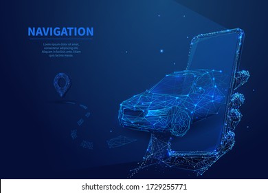 Auto 3d poligonal saliendo del smartphone. navegación GPS, aplicación de localización o concepto de viaje. Coche, teléfono y navegador clavija en un fondo azul oscuro. Ilustración vectorial digital de tecnología inteligente
