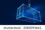 Polygonal 3d cargo container in dark blue background. Online cargo delivery service, logistics or tracking app concept. Abstract vector illustration of online freight delivery service