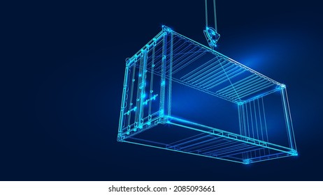 Polygonal 3D Frachtcontainer auf dunkelblauem Hintergrund. Online-Frachtzustellung, Logistik oder Tracking-App-Konzept. Abstrakte Vektorgrafik des Online-Frachtzustellungsdienstes