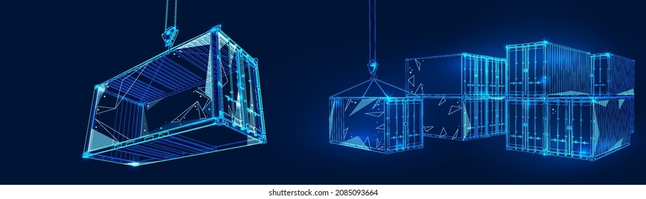 Polygonal 3d cargo container in dark blue background. Online cargo delivery service, logistics or tracking app concept. Abstract vector illustration of online freight delivery service