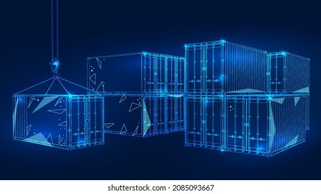 Polygonal 3d cargo container in dark blue background. Online cargo delivery service, logistics or tracking app concept. Abstract vector illustration of online freight delivery service