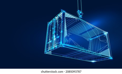 Polygonal 3d cargo container in dark blue background. Online cargo delivery service, logistics or tracking app concept. Abstract vector illustration of online freight delivery service