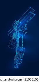 Gancho de carga 3d poligonal en fondo azul oscuro. Servicio de entrega de carga en línea, logística o concepto de aplicación de seguimiento. Ilustración de vector abstracta del servicio de entrega de carga en línea