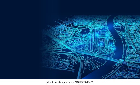 Polygonal 3d city in dark blue background. Outline city concept vector. Wire-frame style. The layers of visible and invisible lines. 3D illustration