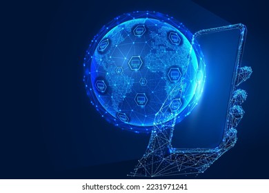 Polygonal 3d Earth aus dem Smartphone auf dunkelblauem Hintergrund. Online 5G Internet-Netzwerk, Wireless-Technologie, Web, App-Konzept. Abstrakte Vektorgrafik Low Poly Konzept von Java, Skript, Code.