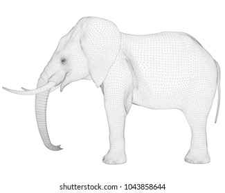 Polygonal 3D elephant. The view of the elephant on the side. The mesh cover of the elephant is black and white. Vector illustration.