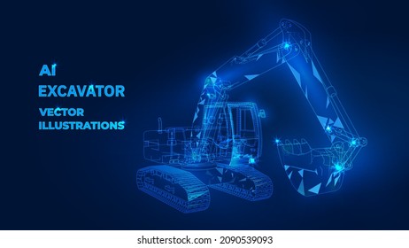 Polygonal 3d excavator in dark blue background. Online cargo delivery service, logistics or tracking app concept. Abstract vector illustration of online freight delivery service