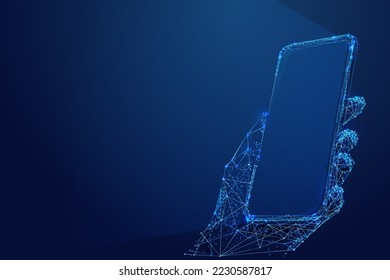 Polygonal 3d hand with phone in dark blue background. Online service, shop, web, app concept. Abstract vector illustration of online service.