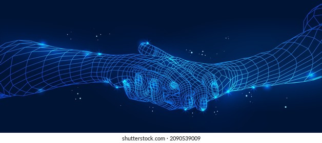 Polygonal 3d hands in dark blue background. Online cooperation services for tracking, communication, railway traffic, navigation, GPS. abstract vector illustration of online freight delivery, phone, t
