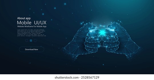 Polygonal 3D hands holding a glowing digital object, futuristic low poly wireframe style. Concept for technology, virtual interaction, and gaming innovations. Vector illustration