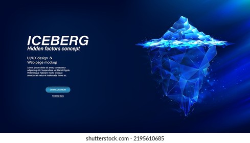 Polygonal 3D iceberg in futuristic style with effect glow and shine. The concept of hidden factors, aspects, analytics. 3D iceberg in polygonal and low poly style. Hidden danger. Vector illustration