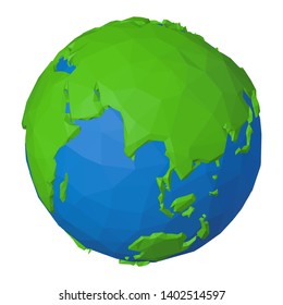 Polygonal 3D icon of Eurasia and Indian Ocean on planet Earth as geometric concept of globe in origami style