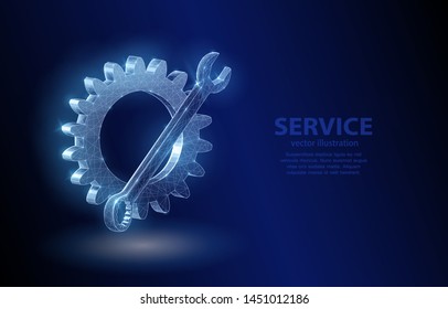 Polygonal 3d illustration of concept gear and wrench on a deep blue background, symbol of service repair and maintenance.