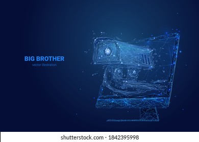 Polygonal 3d security camera on computer screen in dark blue. Big Brother is watching. Digital vector illustration with connected dots. Surveillance, spying, control, personal data and privacy concept
