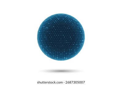 Esfera 3D poligonal, resplandor azul en nodos de estructura metálica. Geométrica Abstractas para redes de datos, inteligencia artificial y tecnología digital. Concepto futurista de baja poli tierra. Vector sobre fondo blanco.