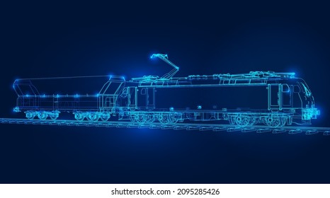 Tren 3d poligonal sobre fondo azul oscuro. Servicio de entrega de carga en línea, logística o concepto de aplicación de seguimiento. Ilustración de vector abstracta del servicio de entrega de carga en línea