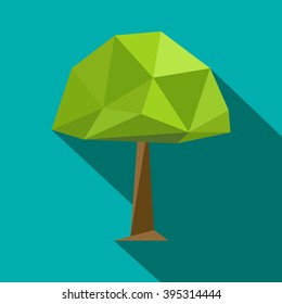 Polygonal 3D tree with long shadow on color background. Abstract tree low poly - elements for illustration, infographics, logos and banners.
