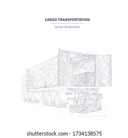 Polygonal 3d truck isolated in white background. Cargo delivery, logistics, transportation, warehouse parcels or business commercial concept. Vector hand drawing illustration with connected dots
