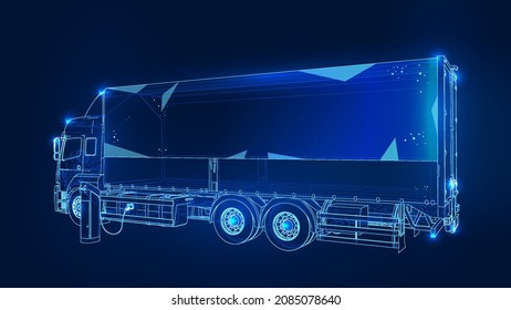 Polygonal 3d truck with Oil Car Charging St dark blue background. Online cargo delivery service, logistics or tracking app concept. Abstract vector illustration of online freight delivery service