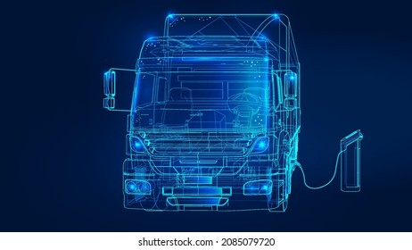 Polygonal 3d truck with Oil Car Charging St dark blue background. Online cargo delivery service, logistics or tracking app concept. Abstract vector illustration of online freight delivery service