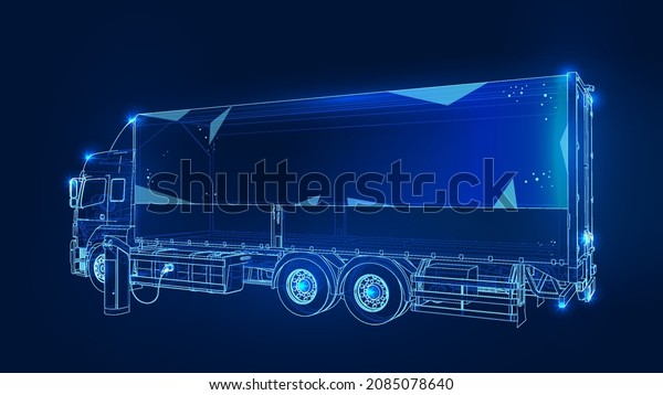 Polygonal 3d truck with Oil Car Charging St dark\
blue background. Online cargo delivery service, logistics or\
tracking app concept. Abstract vector illustration of online\
freight delivery\
service