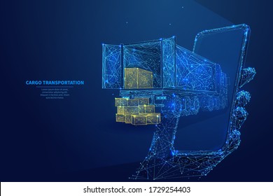 Polygonal 3d truck, parcels and smartphone in dark blue background. Online cargo delivery service, logistics or tracking app concept. Abstract vector illustration of online freight delivery service 

