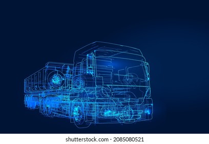 Polygonal 3d truck with smartphone in dark blue background. Online cargo delivery service, logistics or tracking app concept. Abstract vector illustration of online freight delivery service