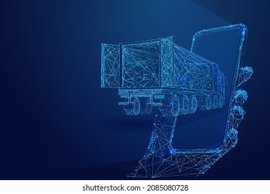 Polygonal 3d truck with smartphone in dark blue background. Online cargo delivery service, logistics or tracking app concept. Abstract vector illustration of online freight delivery service