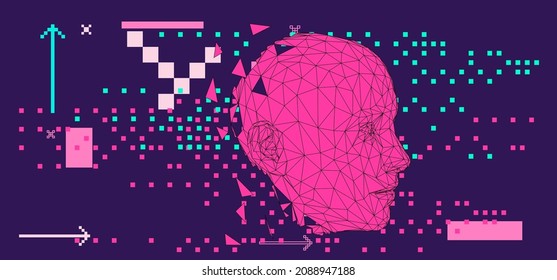 Polygonal 3D wireframe model of a human head made of triangular particles. Conceptual illustration of Artificial intelligence and Neural Network.