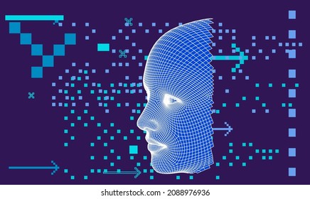 Polygonal 3D wireframe model of a human head made of triangular particles. Conceptual illustration of Artificial intelligence and Neural Network.