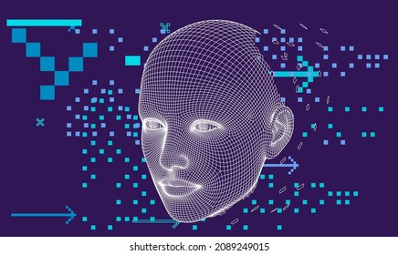 Polygonal 3D wireframe model of a human head made of triangular particles. Conceptual illustration of Artificial intelligence and Neural Network.