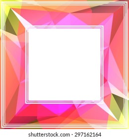 Polygonal abstract background frame with light bright pink, yellow, orange and green triangles.