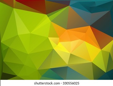 Polygonal abstract background with green and orange triangles.