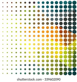 Polygonal abstract background with green and orange dots.